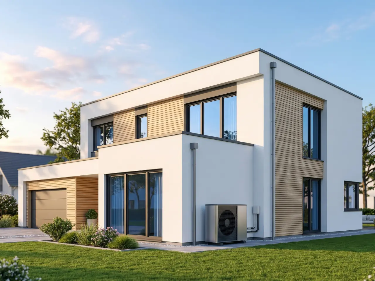 Modernes Wohnhaus mit Wärmepumpe an der Außenwand